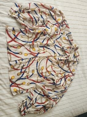 SHEIN Cream Blouse with Red, Blue & Gold Chain Print